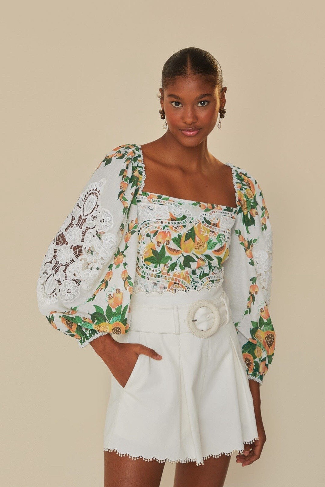 Farm Rio Womens Lace-Trimmed Cotton Blouse Xs Papaya Salad Off-White - Medium